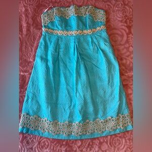 Lilly Pulitzer Strapless Turquoise Dress with Gold Details
